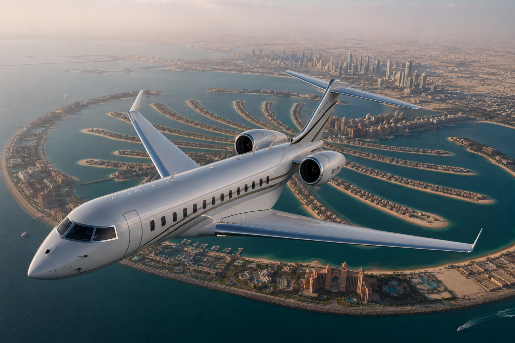Dubai private jet charter by AriyaX flying above Palm Jumeirah and the Dubai Marina skyline