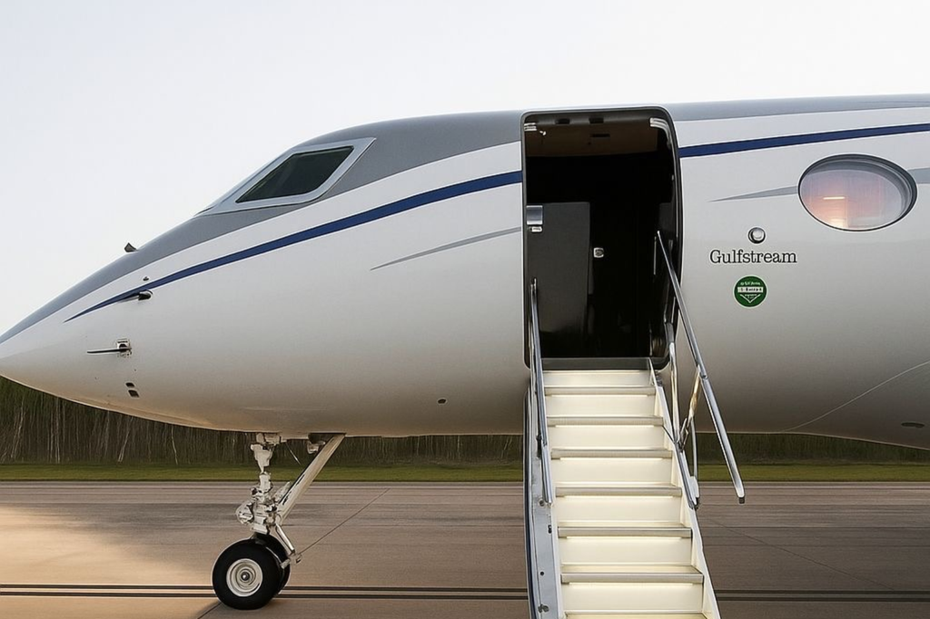 Private jet with open stairs for AriyaX executive charter, VIP boarding, and Dubai private aviation services