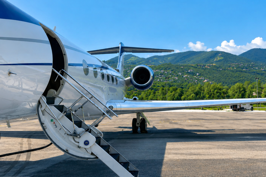 Private aircraft on airport apron for AriyaX private jet charter, aircraft leasing, and executive aviation services