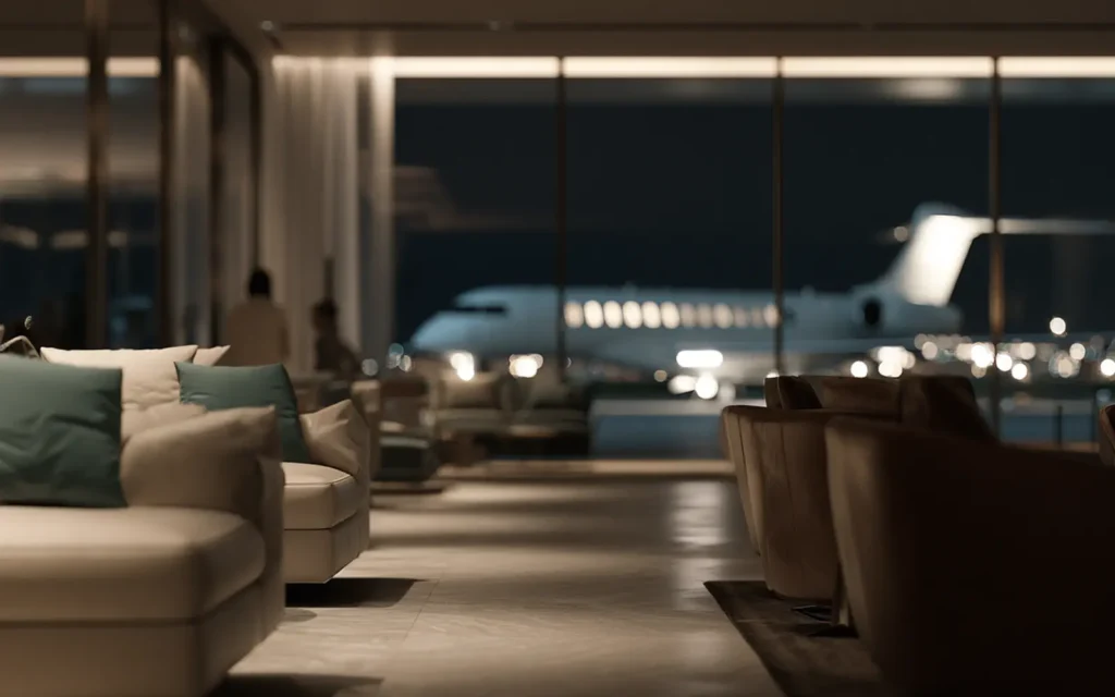 Private jet viewed from an executive terminal lounge at night